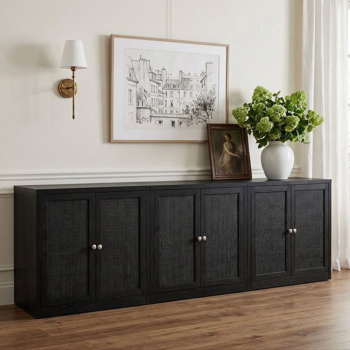 Vero Black Cane Solid Wood And Oak Veneer 3 Piece Sideboard/Buffet