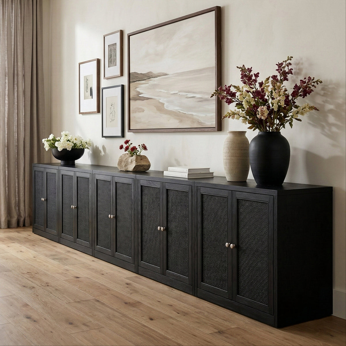 Vero Black Cane Solid Wood And Oak Veneer 5 Piece Sideboard/Buffet