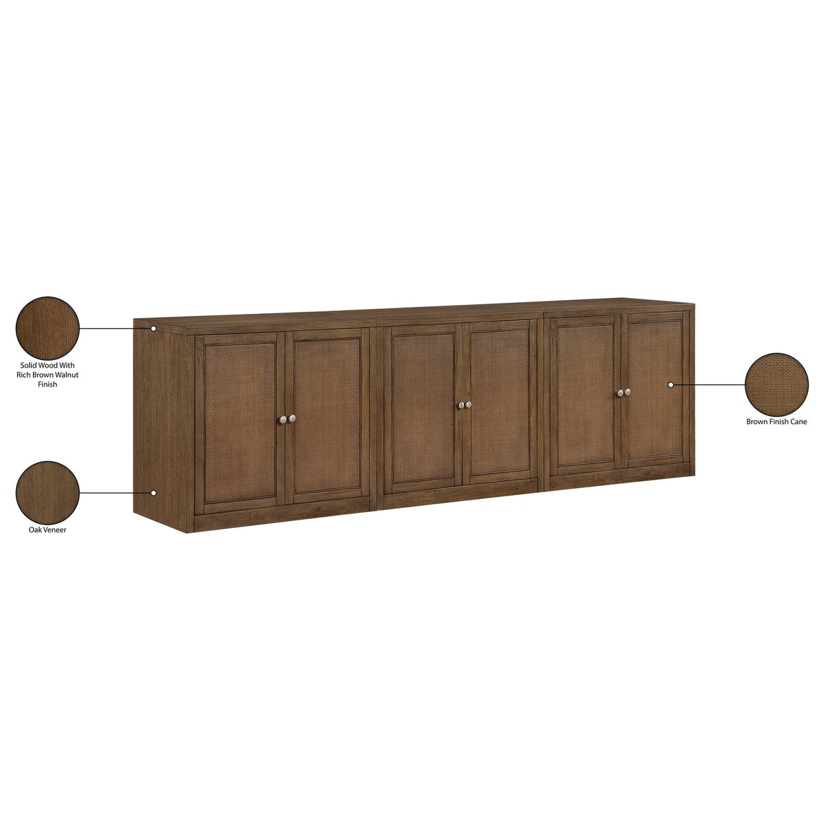 Vero Brown Cane Solid Wood And Oak Veneer 3 Piece Sideboard/Buffet