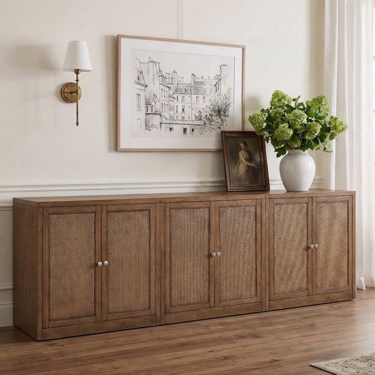 Vero Brown Cane Solid Wood And Oak Veneer 3 Piece Sideboard/Buffet