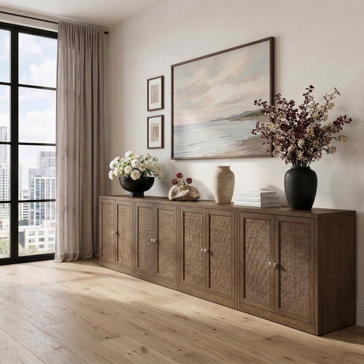 Vero Brown Cane Solid Wood And Oak Veneer 4 Piece Sideboard/Buffet