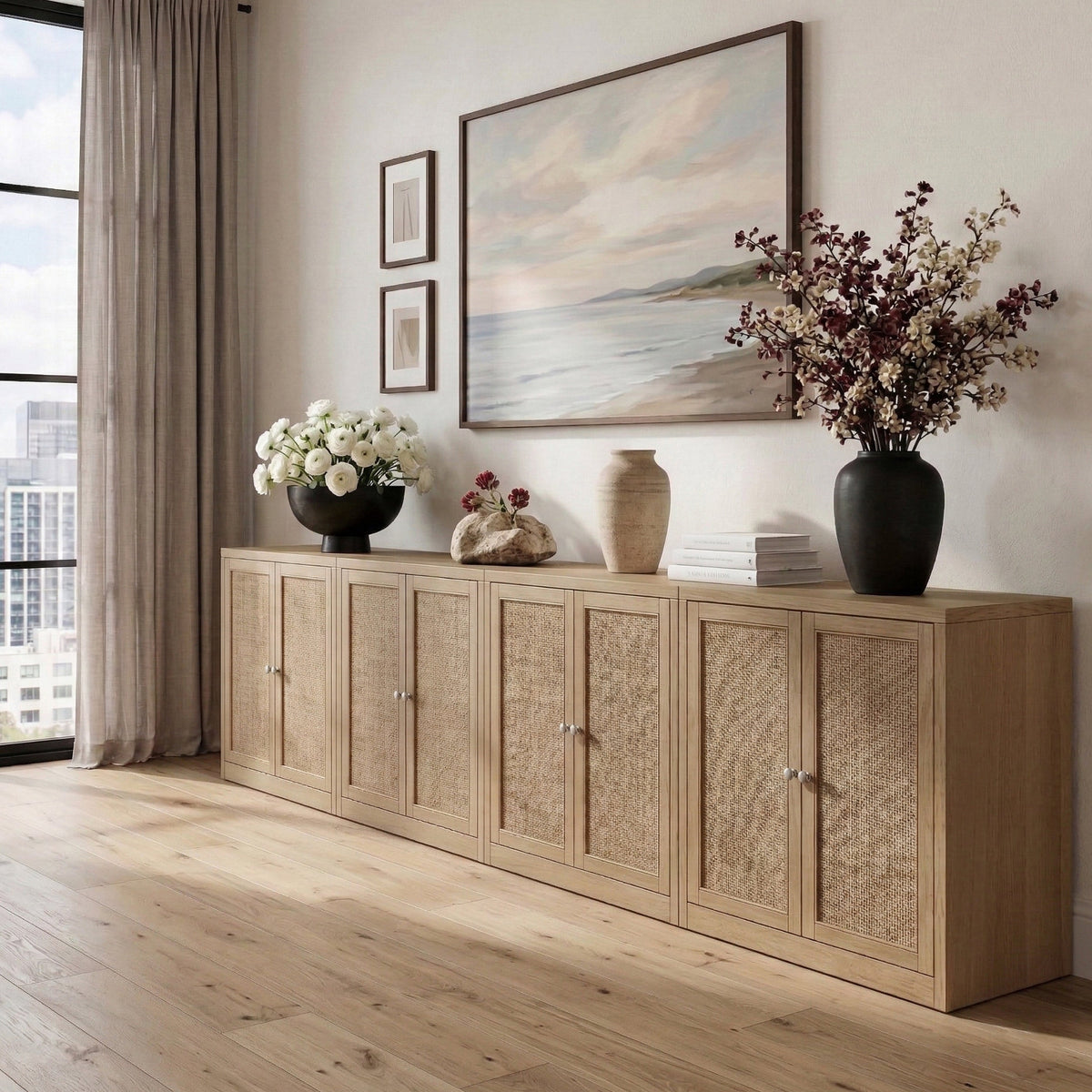 Vero Natural Cane Solid Wood And Oak Veneer 4 Piece Sideboard/Buffet