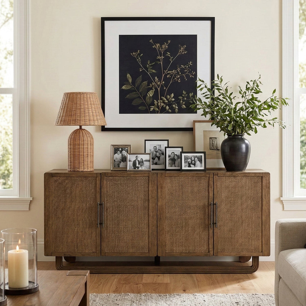 Sova Brown Cane Solid Wood And Oak Veneer Sideboard/Buffet
