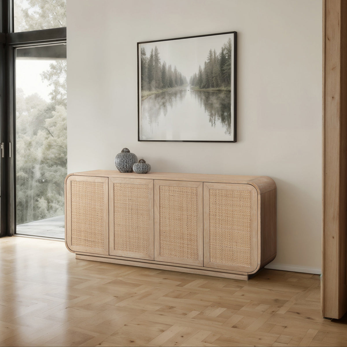 Windsor Natural Solid Wood And Natural Cane Sideboard Buffet
