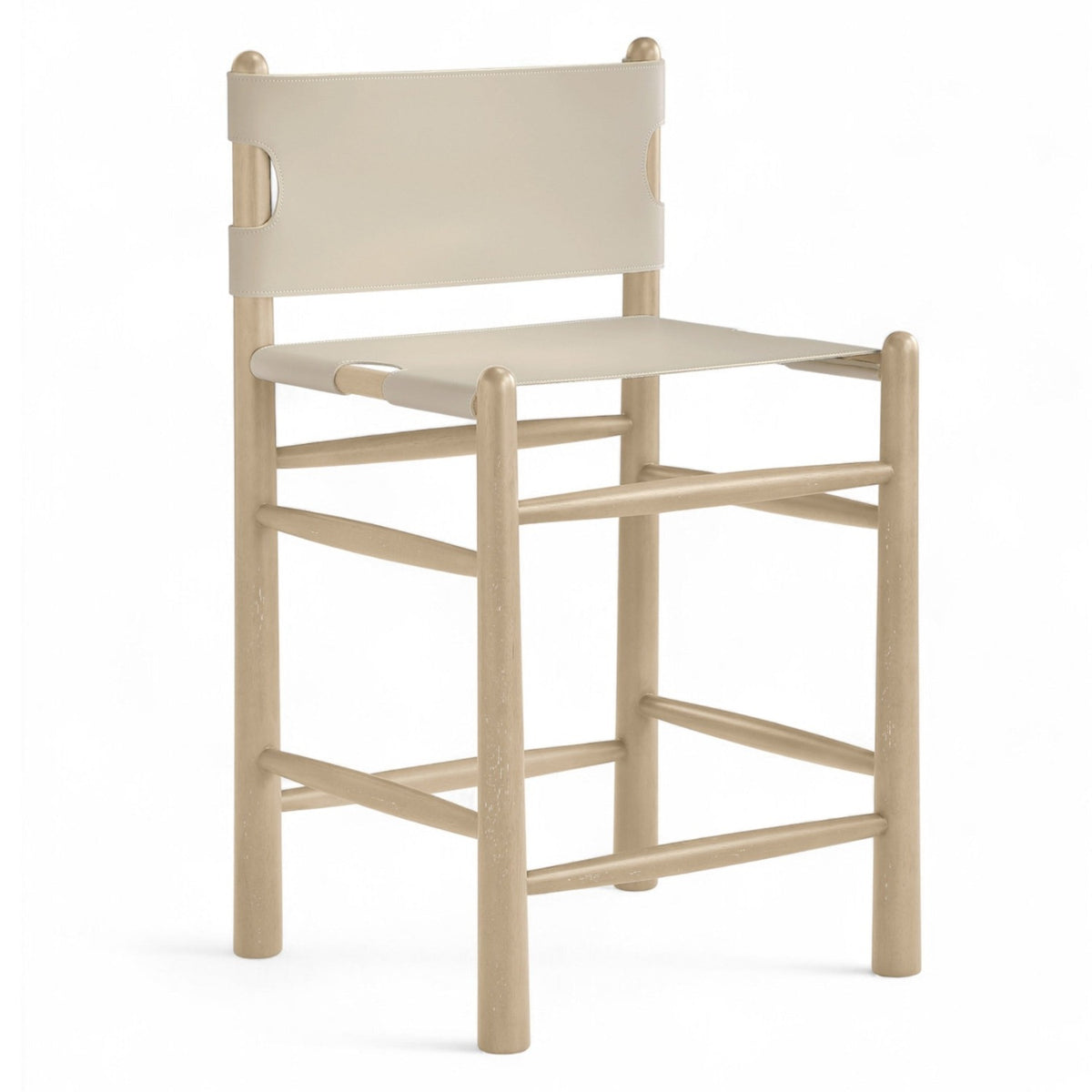 Santos Beige Vegan Leather Upholstered Counter Stool in beige vegan leather and cerused wood, tall bar-height view