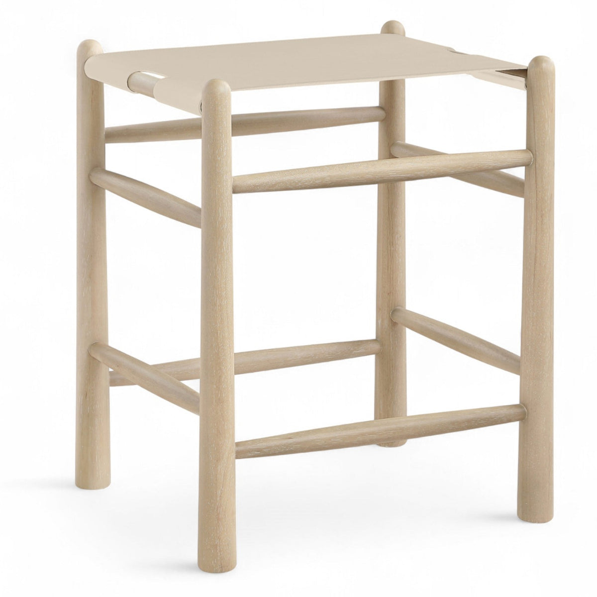 Santos Beige Vegan Leather Upholstered Counter Stool in beige vegan leather and natural cerused wood, product view