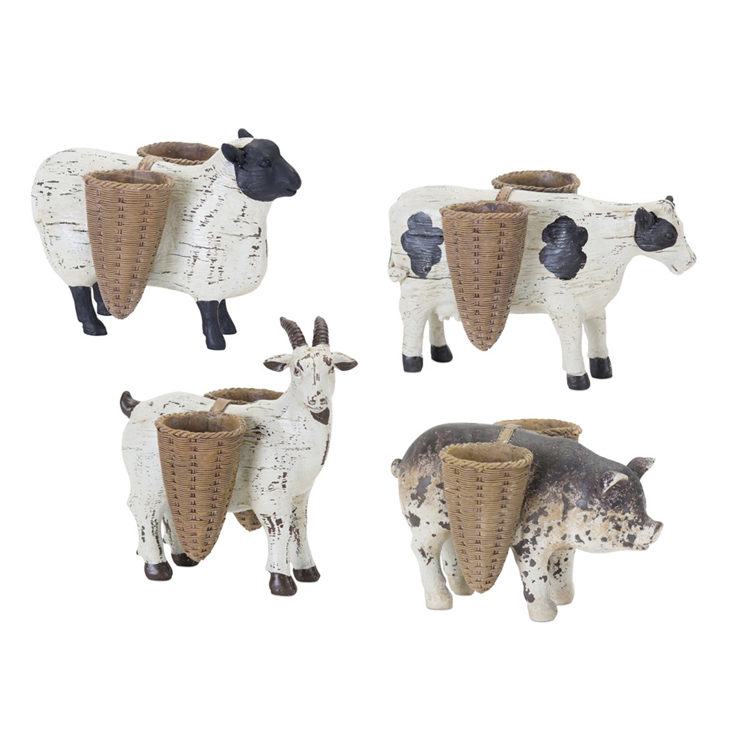 Farm Animal Figurine with Basket Vase Set of 4