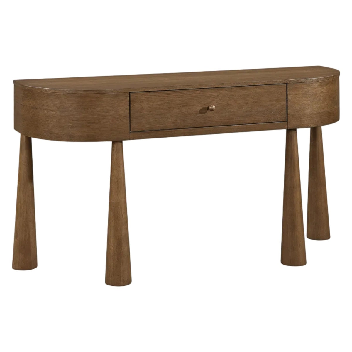 Oasis Console Table in brown acacia veneer, demi-lune silhouette, primary product view