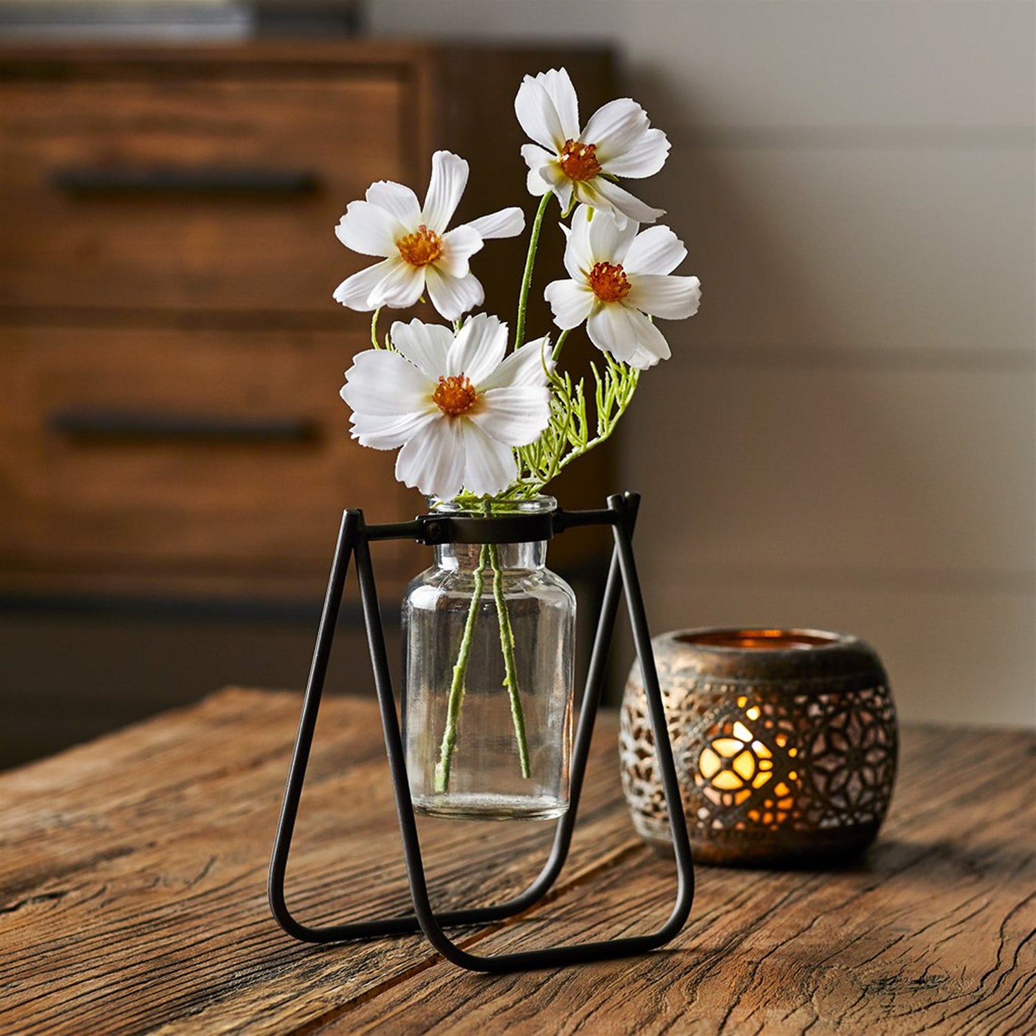 Hanging Glass Jar Vase with Metal Stand Set of 2
