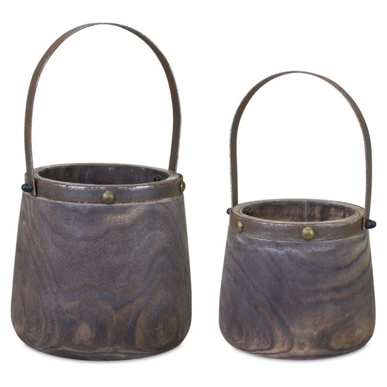 Natural Wooden Pail Planter with Metal Handle Accent Set of 2