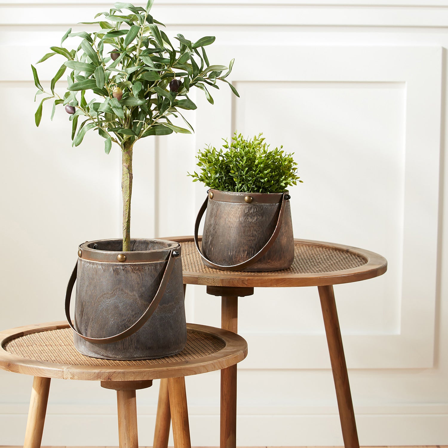 Natural Wooden Pail Planter with Metal Handle Accent Set of 2