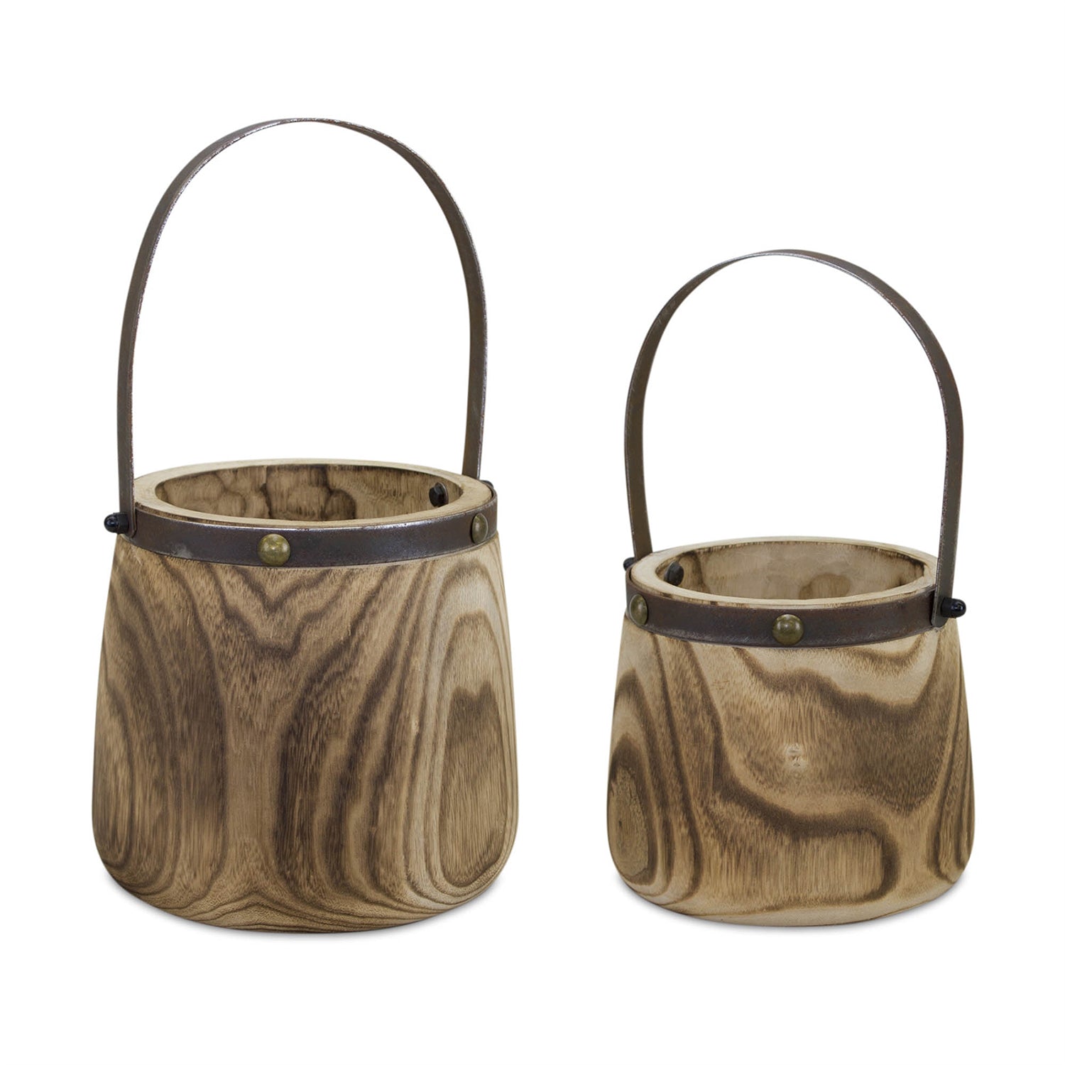 Natural Wooden Pail Planter with Metal Handle Accent Set of 2