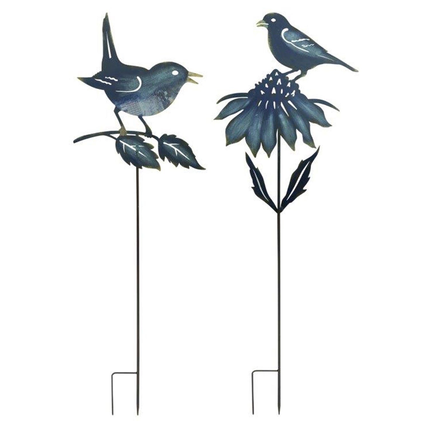 Iron Metal Cut Out Bird and Flower Garden Stake Set of 2