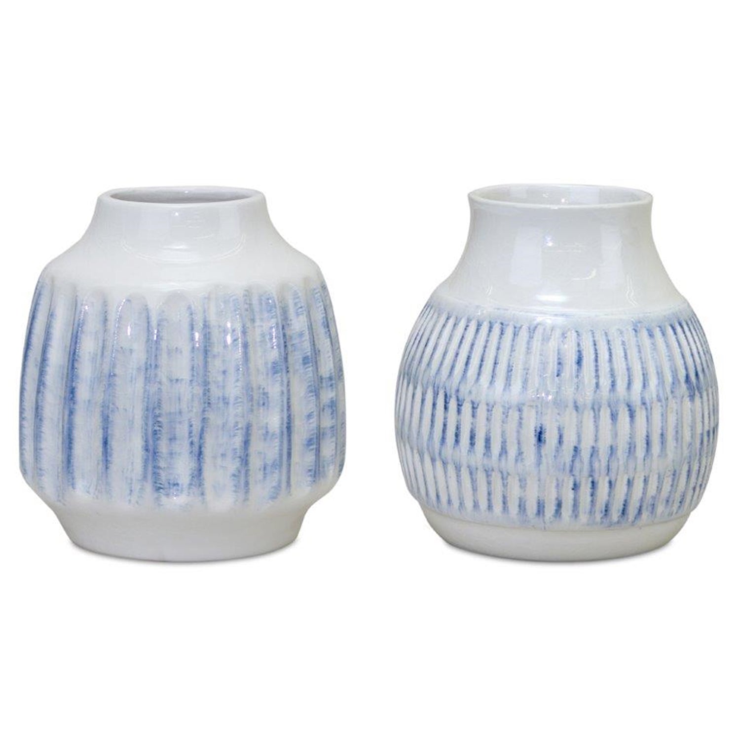 Ribber Ceramic Vase with Washed Blue Finish Set of 2