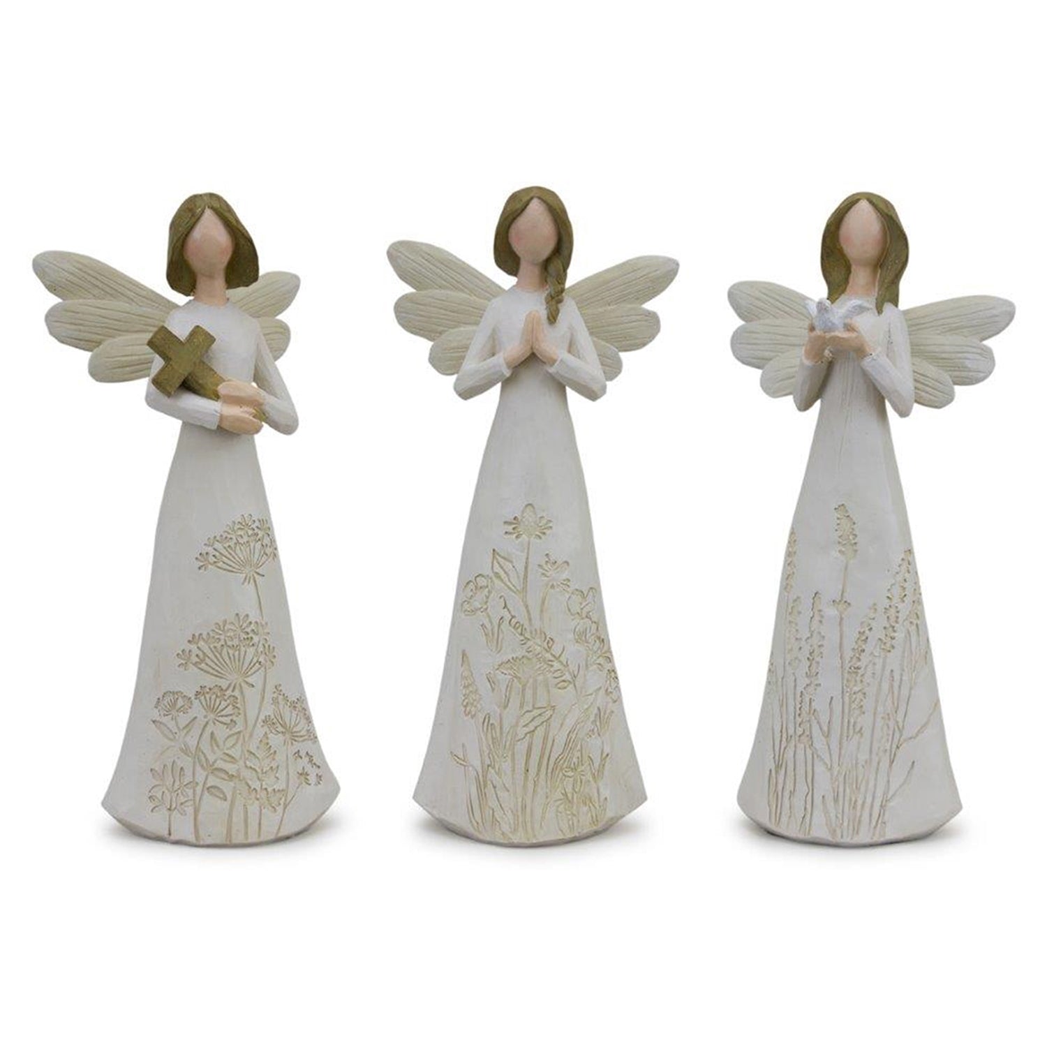 Beige Floral Etched Angel Figurine Set of 3