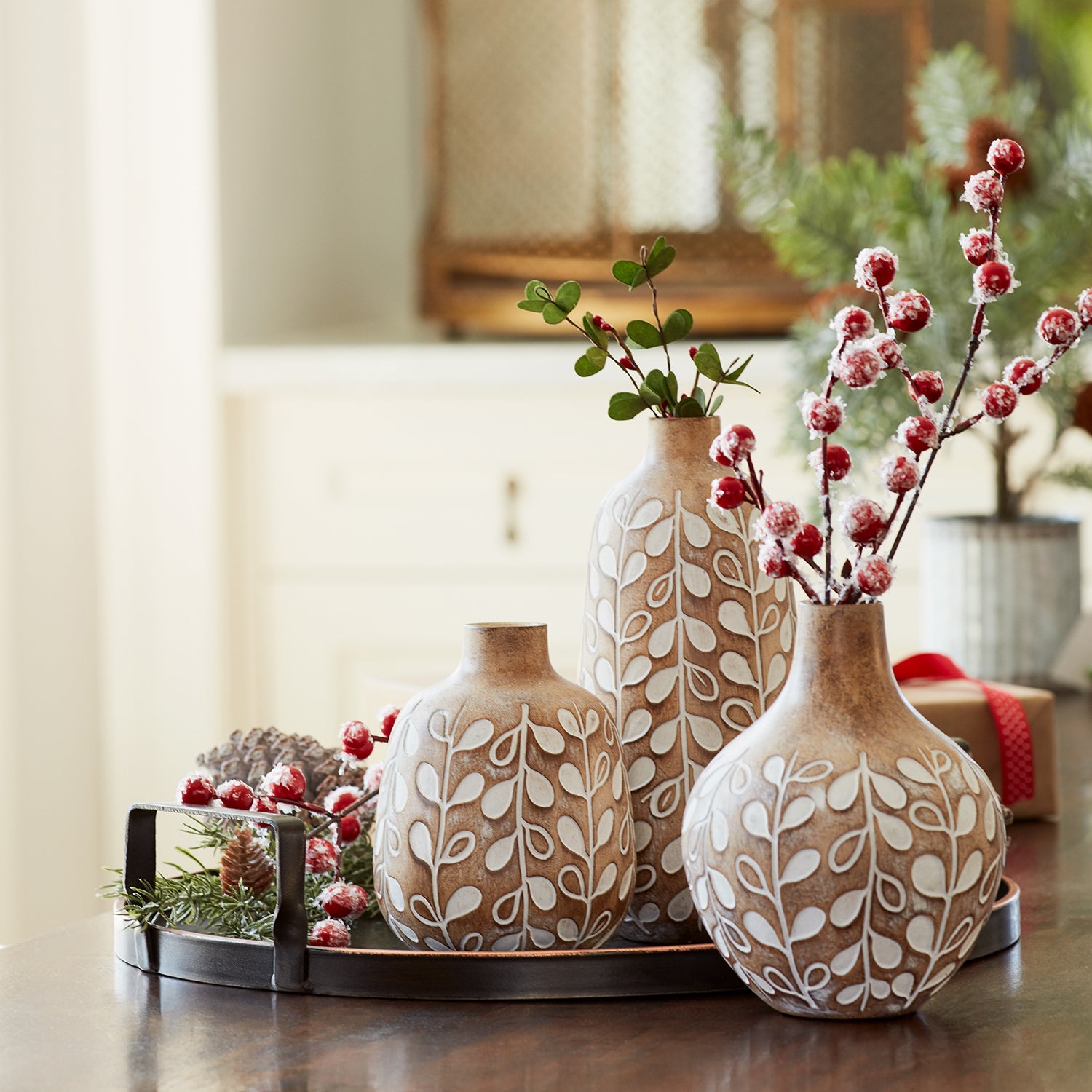 Leaf Print Vase with Wood Design Set of 3