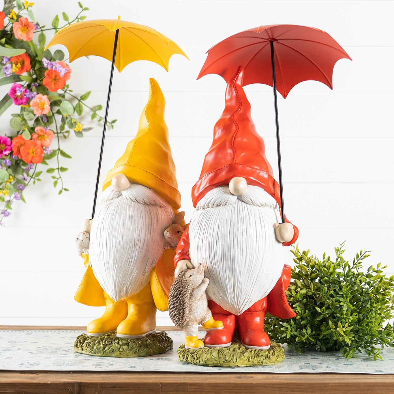 Garden Gnome with Umbrella and Woodland Animals Set of 2