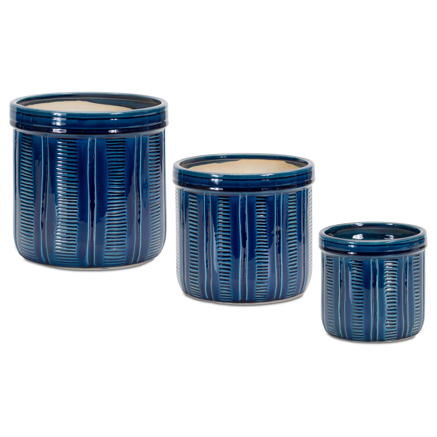 Blue Etched Terra Cotta Pot Planter Set of 3