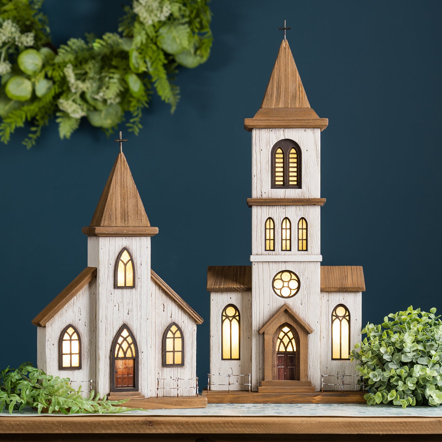 Lighted Natural Wooden Church Display