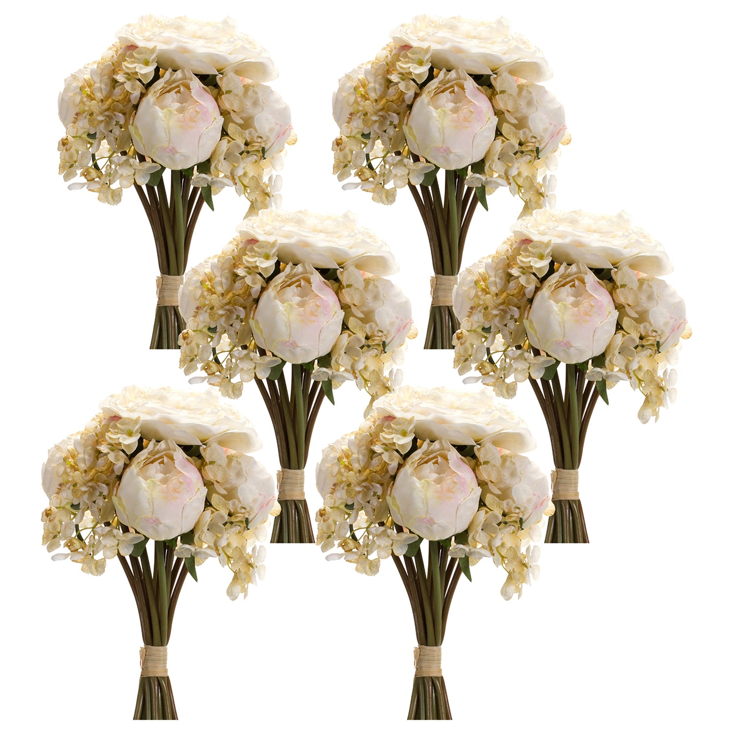 Ivory White Peony and Hydrangea Flower Bouquet Set of 6