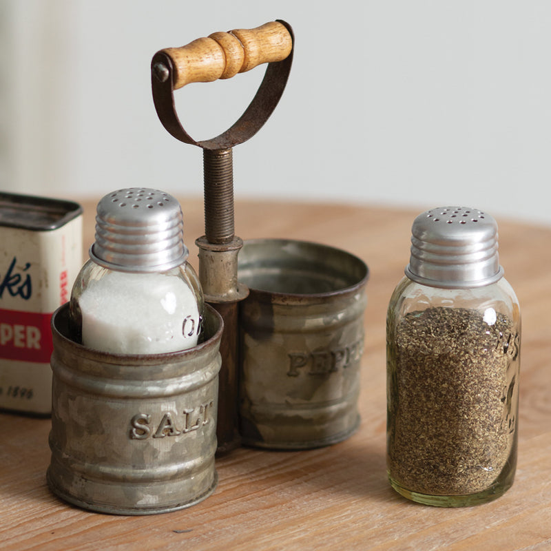 Galvanized Salt and Pepper Holder with Wood Handle