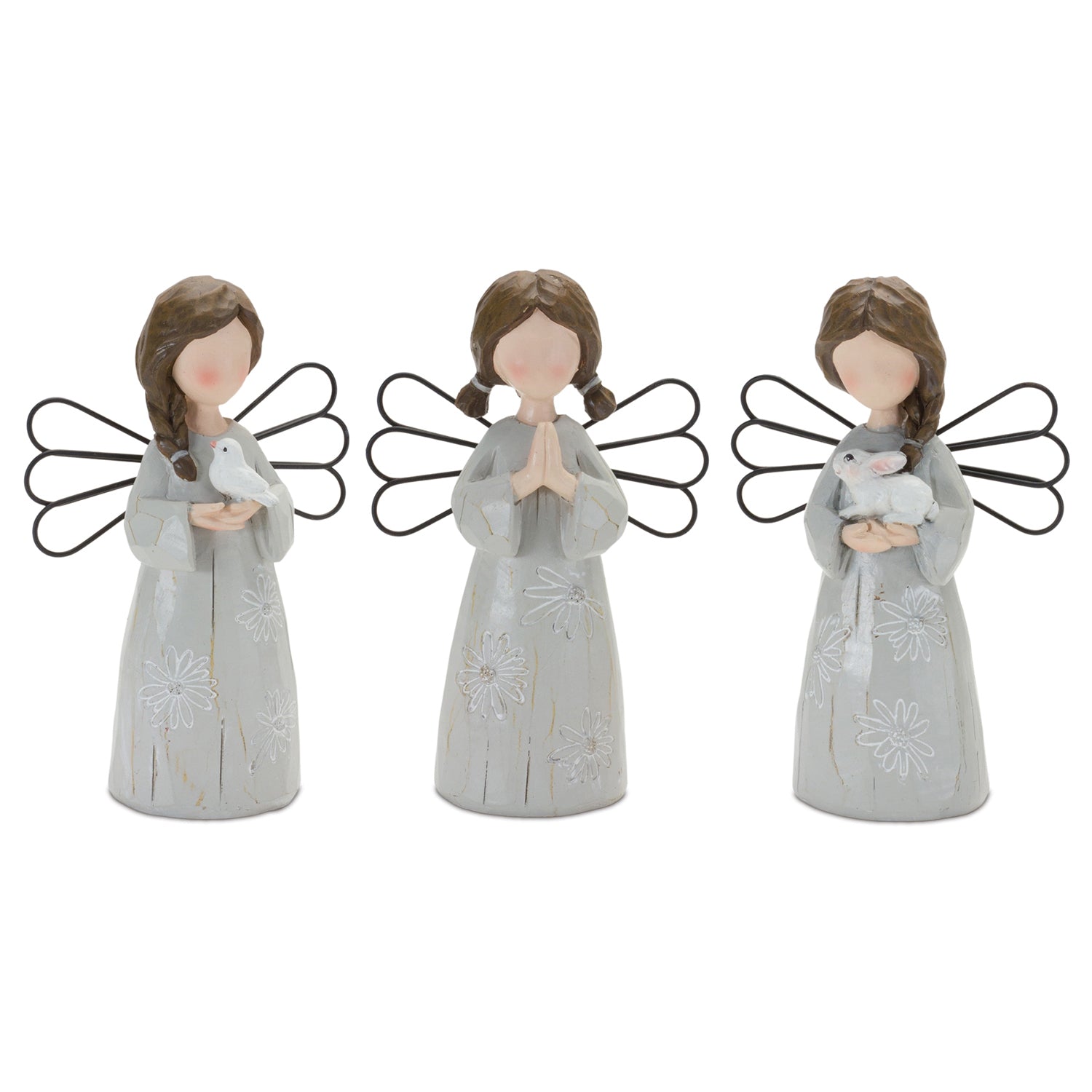 Floral Etched Angel Figurine Set of 3