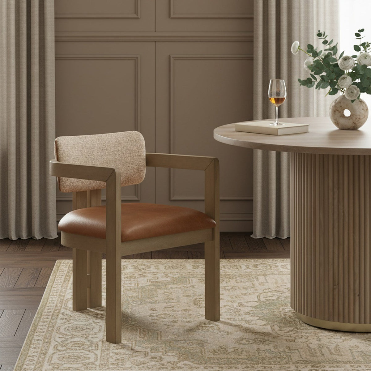 Ravina Cognac Vegan Leather and Linen Textured Fabric Upholstered Dining Chair Set of 2