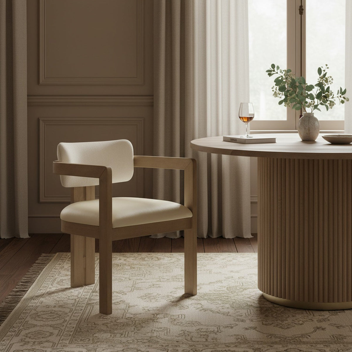 Ravina Cream Vegan Leather and Linen Textured Fabric Upholstered Dining Chair Set of 2