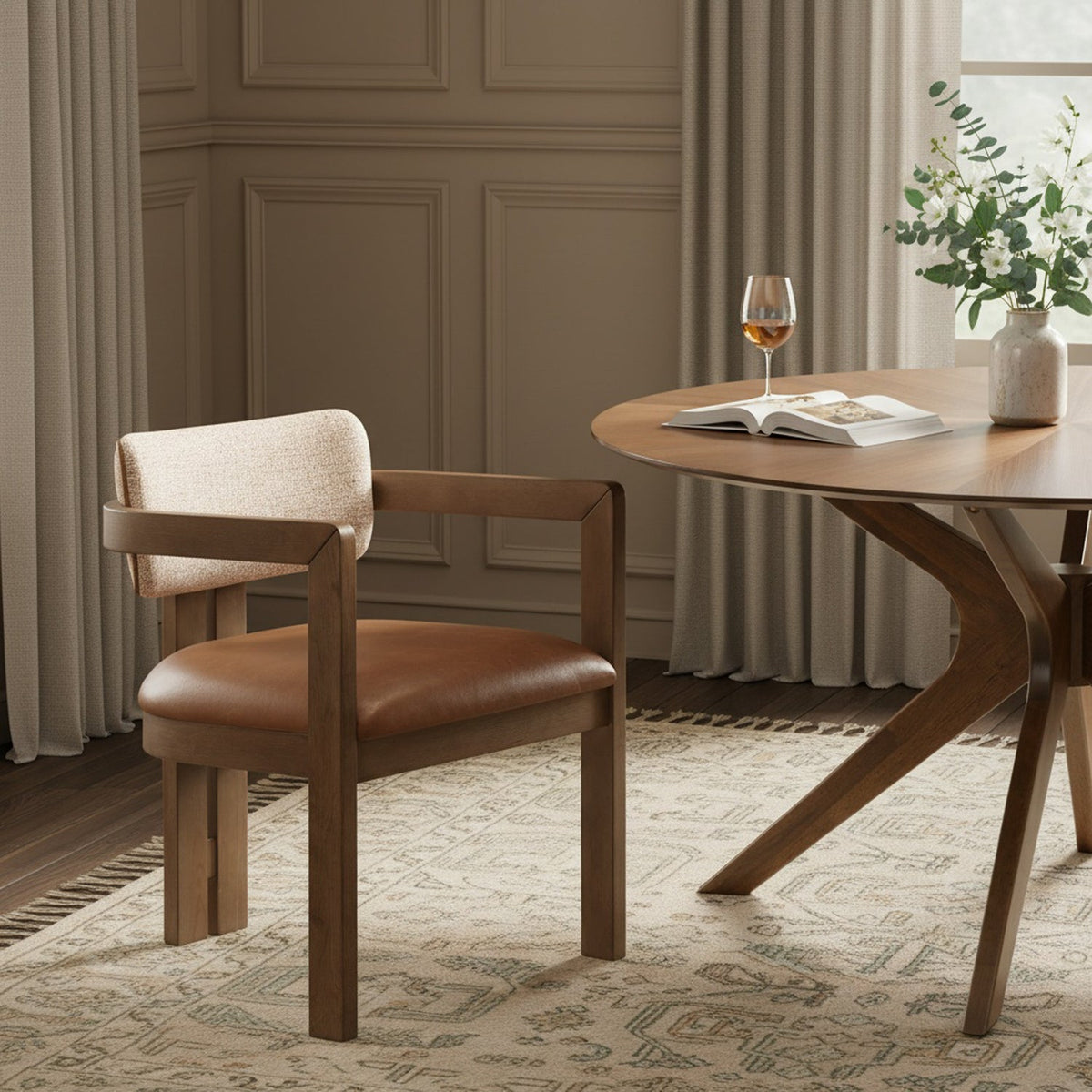 Ravina Cognac Vegan Leather and Linen Textured Fabric Upholstered Dining Chair Set of 2