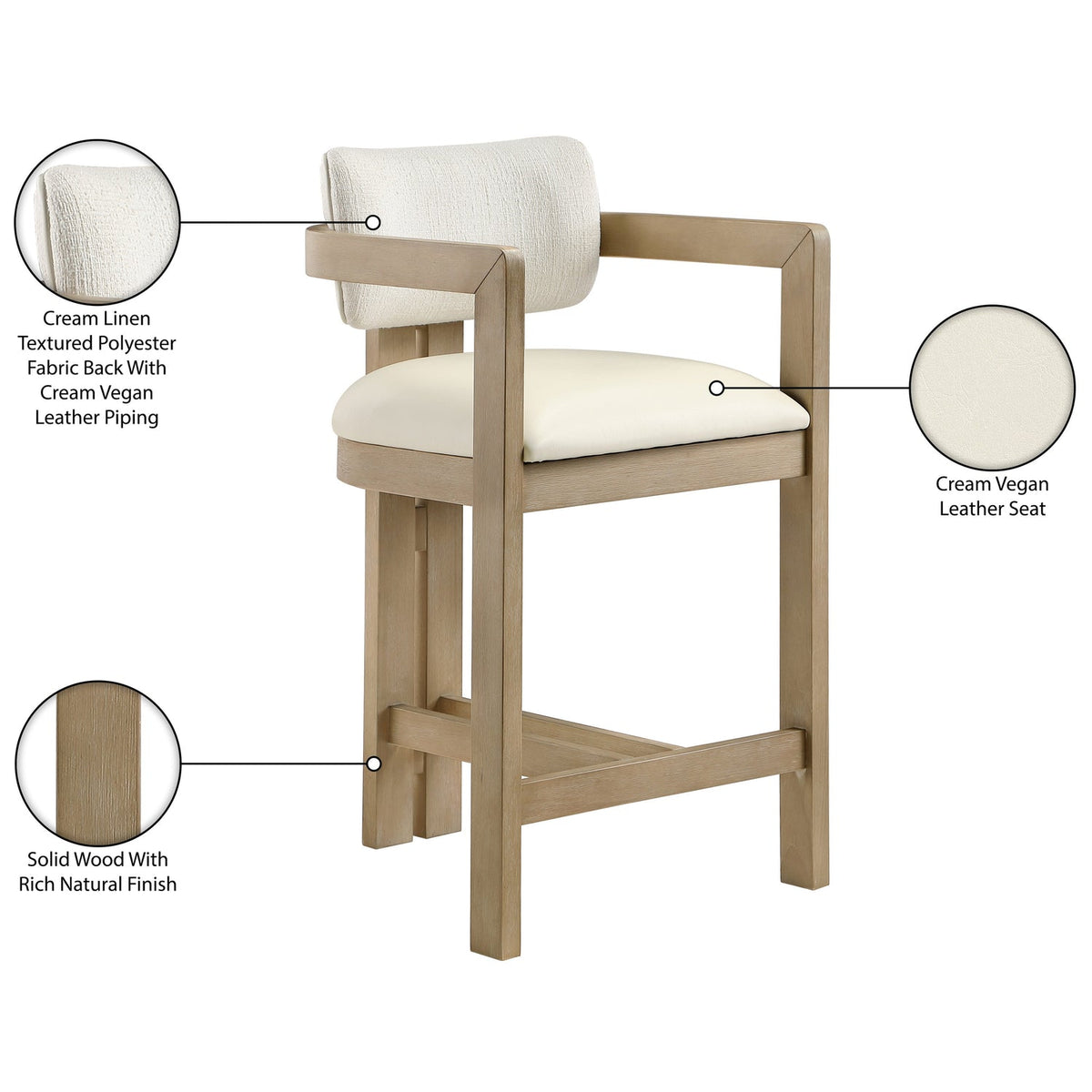 Ravina Cream Vegan Leather and Linen Textured Fabric Upholstered Counter Stool Set of 2