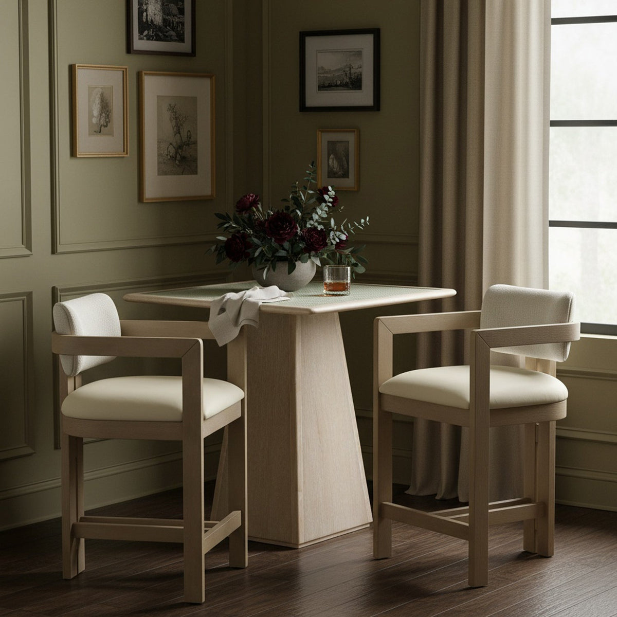 Ravina Cream Vegan Leather and Linen Textured Fabric Upholstered Counter Stool Set of 2
