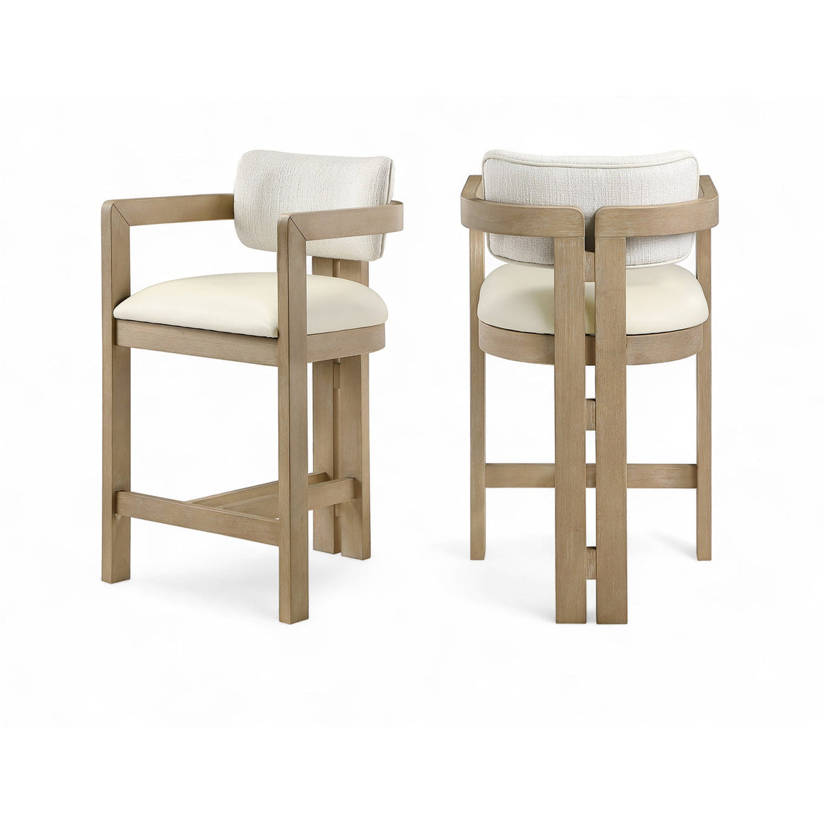 Ravina Cream Vegan Leather and Linen Textured Fabric Upholstered Counter Stool Set of 2