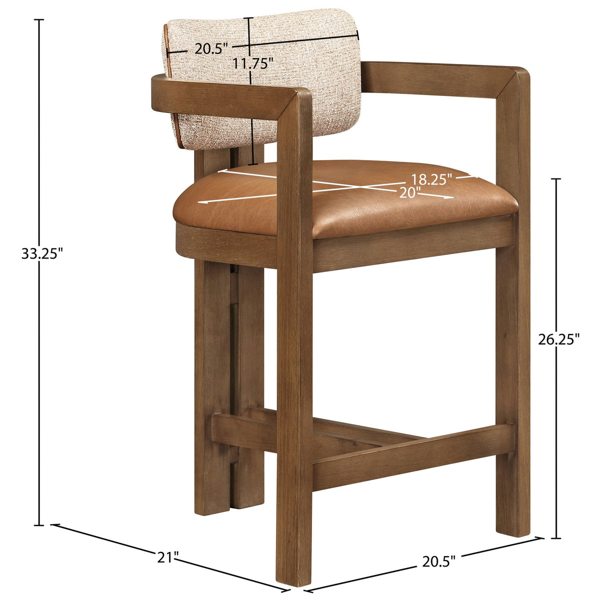 Ravina Cognac Vegan Leather and Linen Textured Fabric Upholstered Counter Stool Set of 2