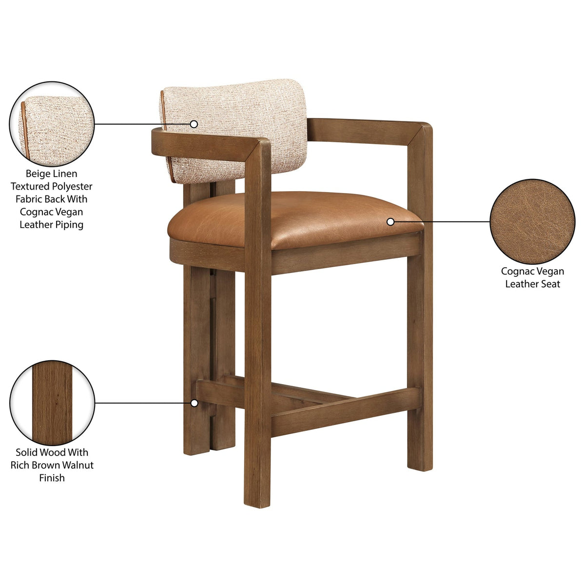 Ravina Cognac Vegan Leather and Linen Textured Fabric Upholstered Counter Stool Set of 2