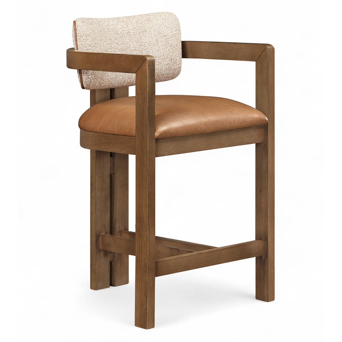 Ravina Cognac Vegan Leather and Linen Textured Fabric Upholstered Counter Stool in walnut-finish wood, primary product view