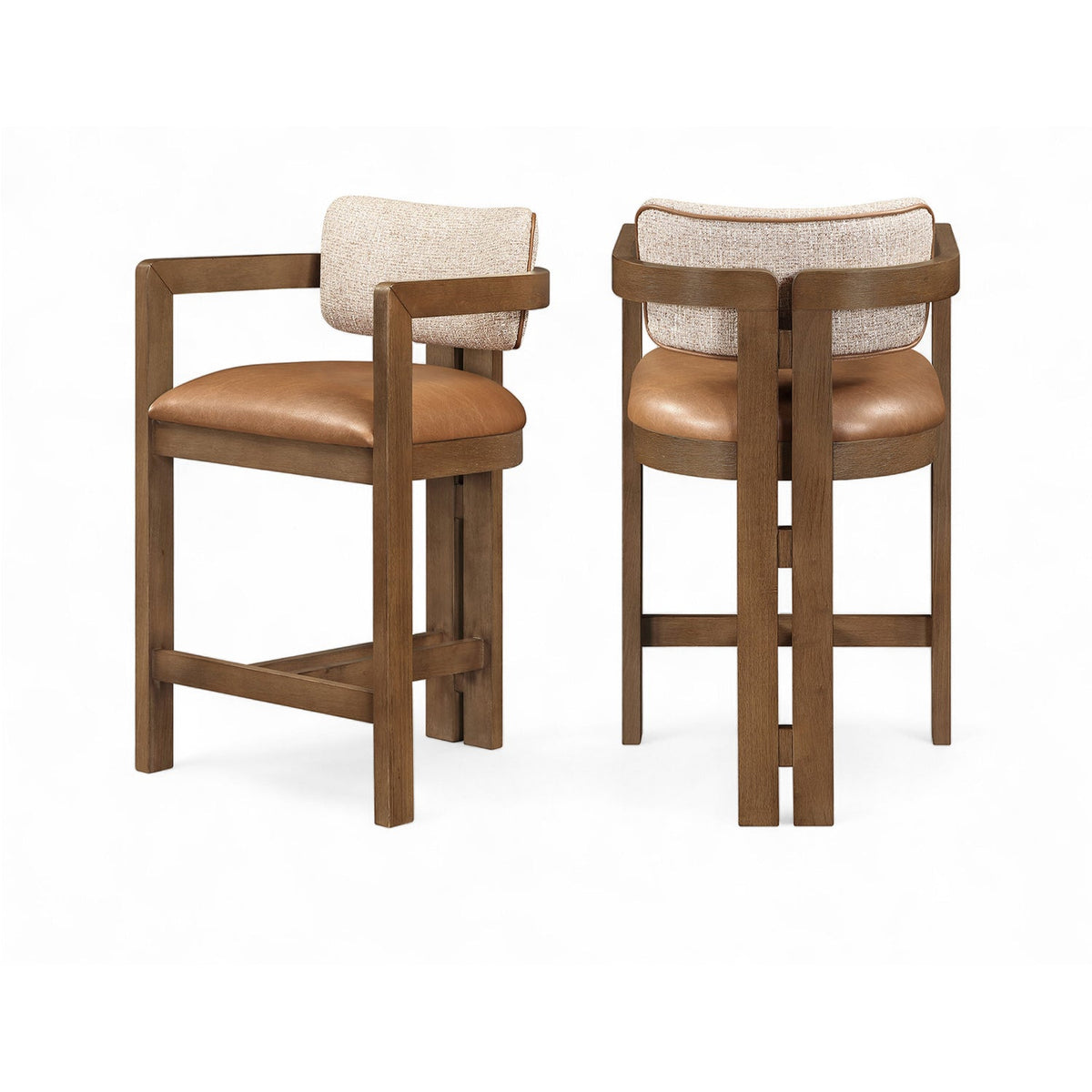Ravina Cognac Vegan Leather and Linen Textured Fabric Upholstered Counter Stool Set of 2