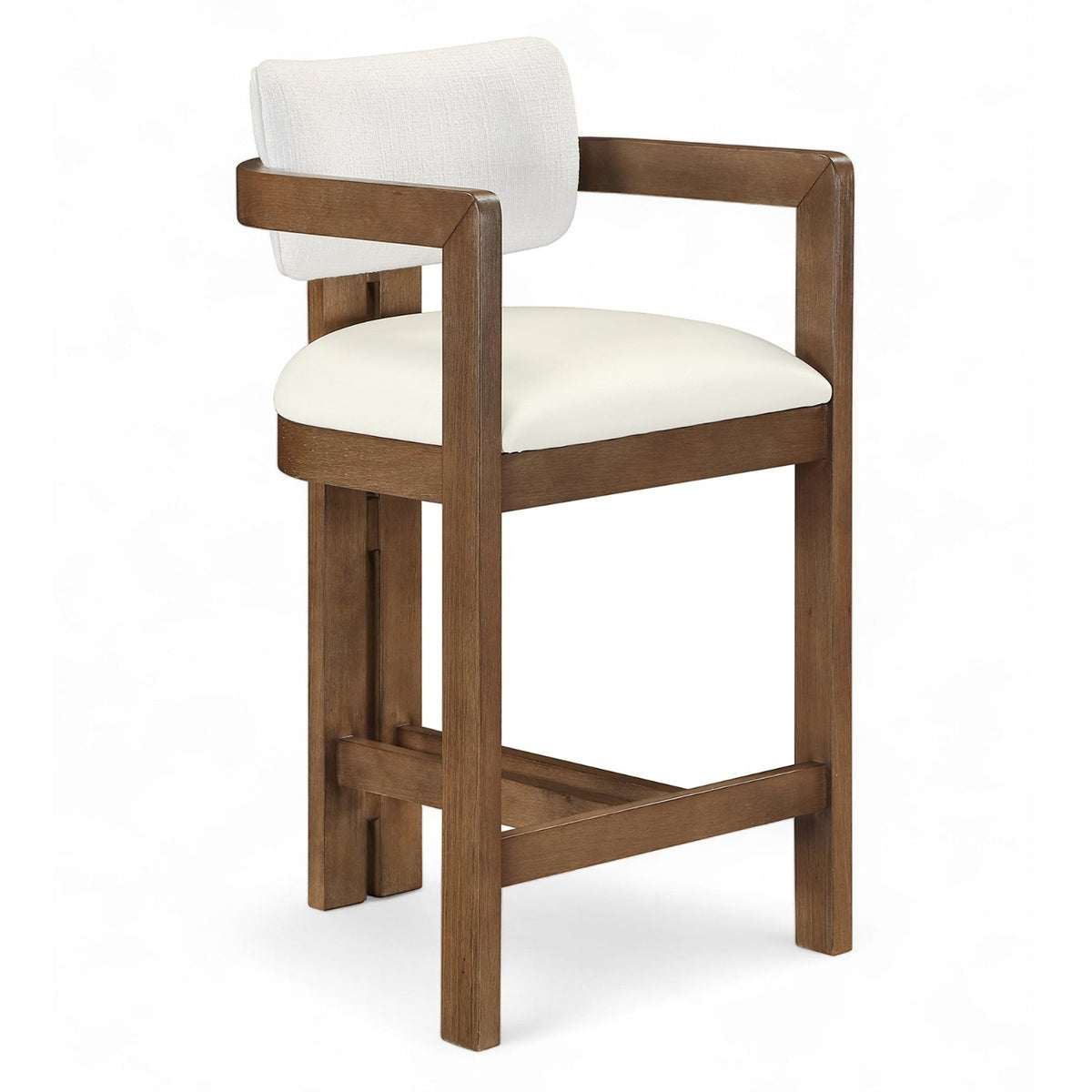 Ravina Cream Vegan Leather and Linen Textured Fabric Upholstered Counter Stool in walnut-finish wood, primary product view