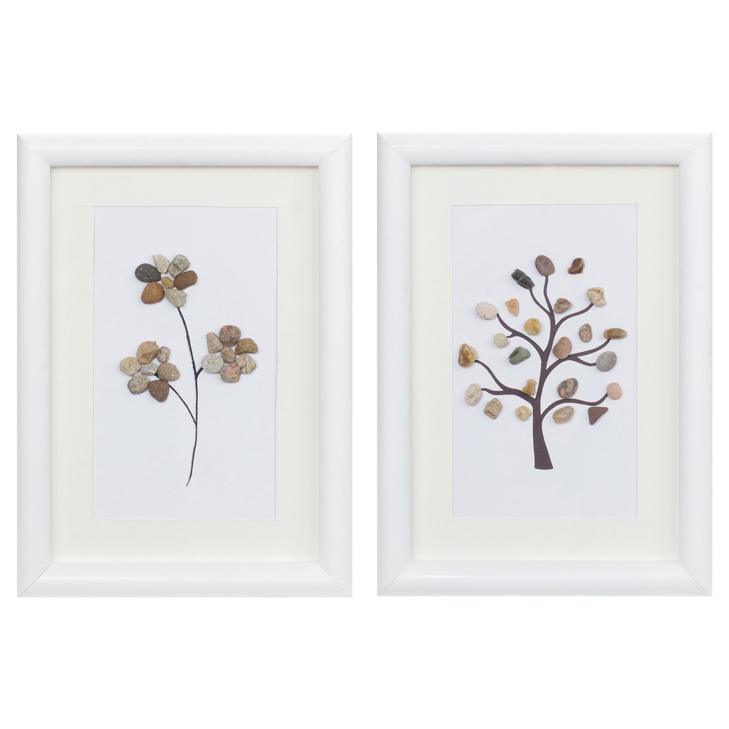 Framed Tree and Floral Pebble Art Set of 2