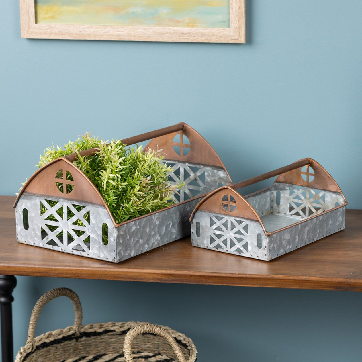 Galvanized Metal Barn Caddy Tray Set of 2