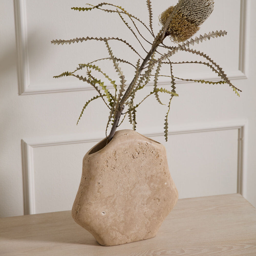 Klimt Stone Vase styled setting, brown travertine marble vase