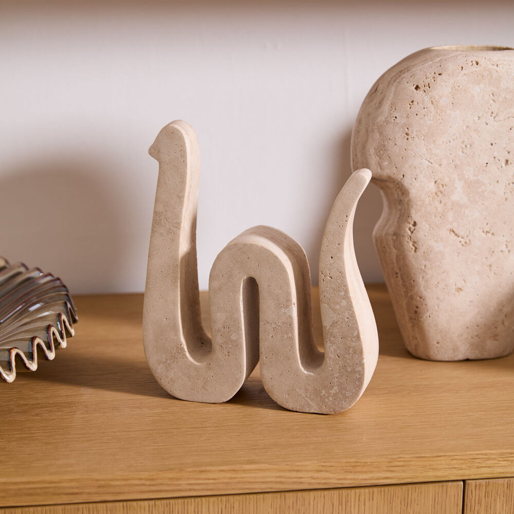 Kingsnake Sculpture alternate view, tan travertine snake sculpture