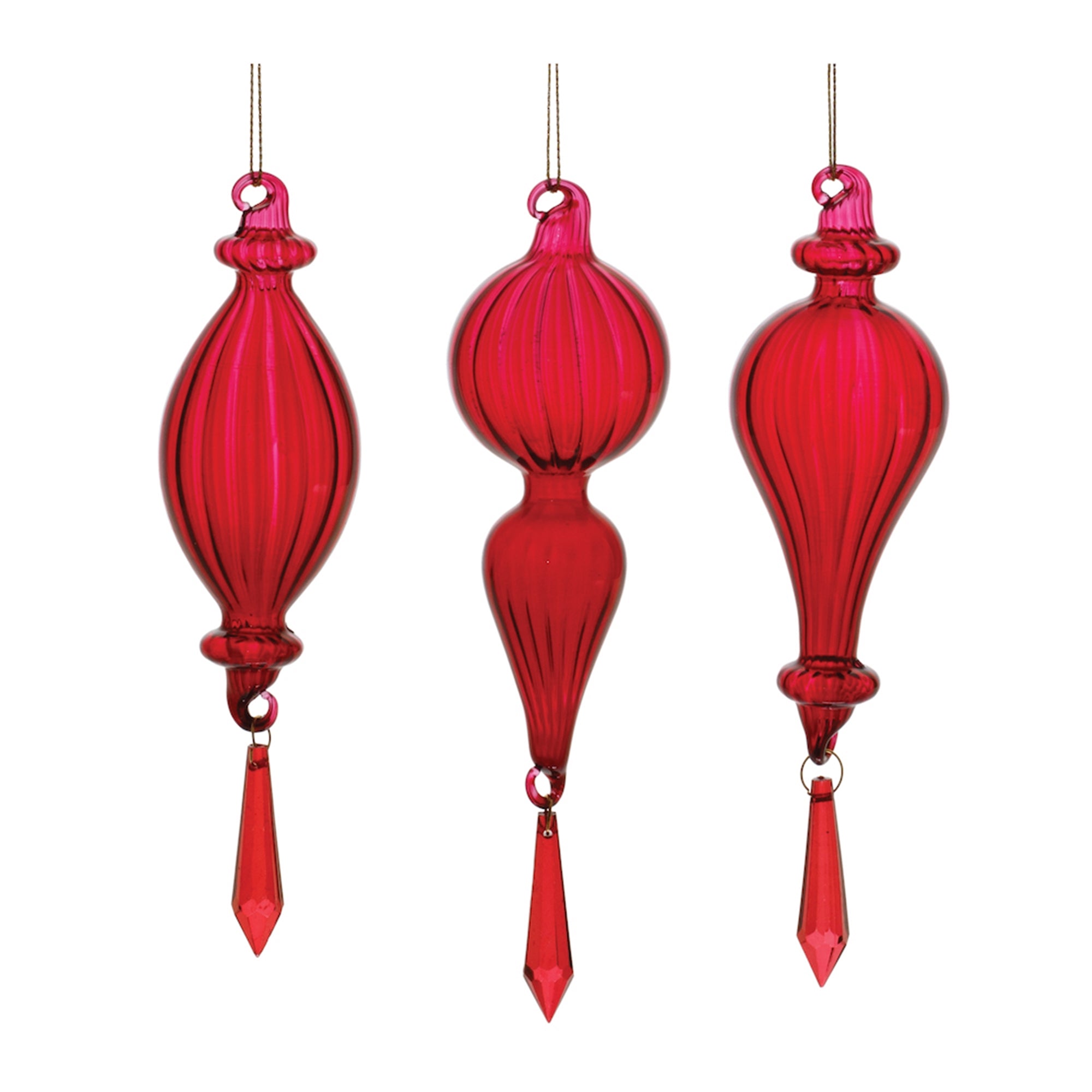 Red Ribbed Glass Drop Ornament Set of 3