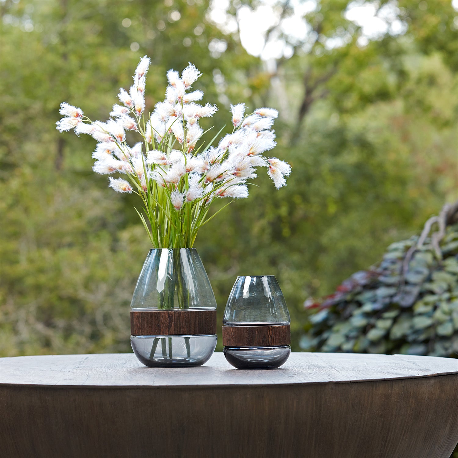 Grey Glass Vase with Natural Wood Accent
