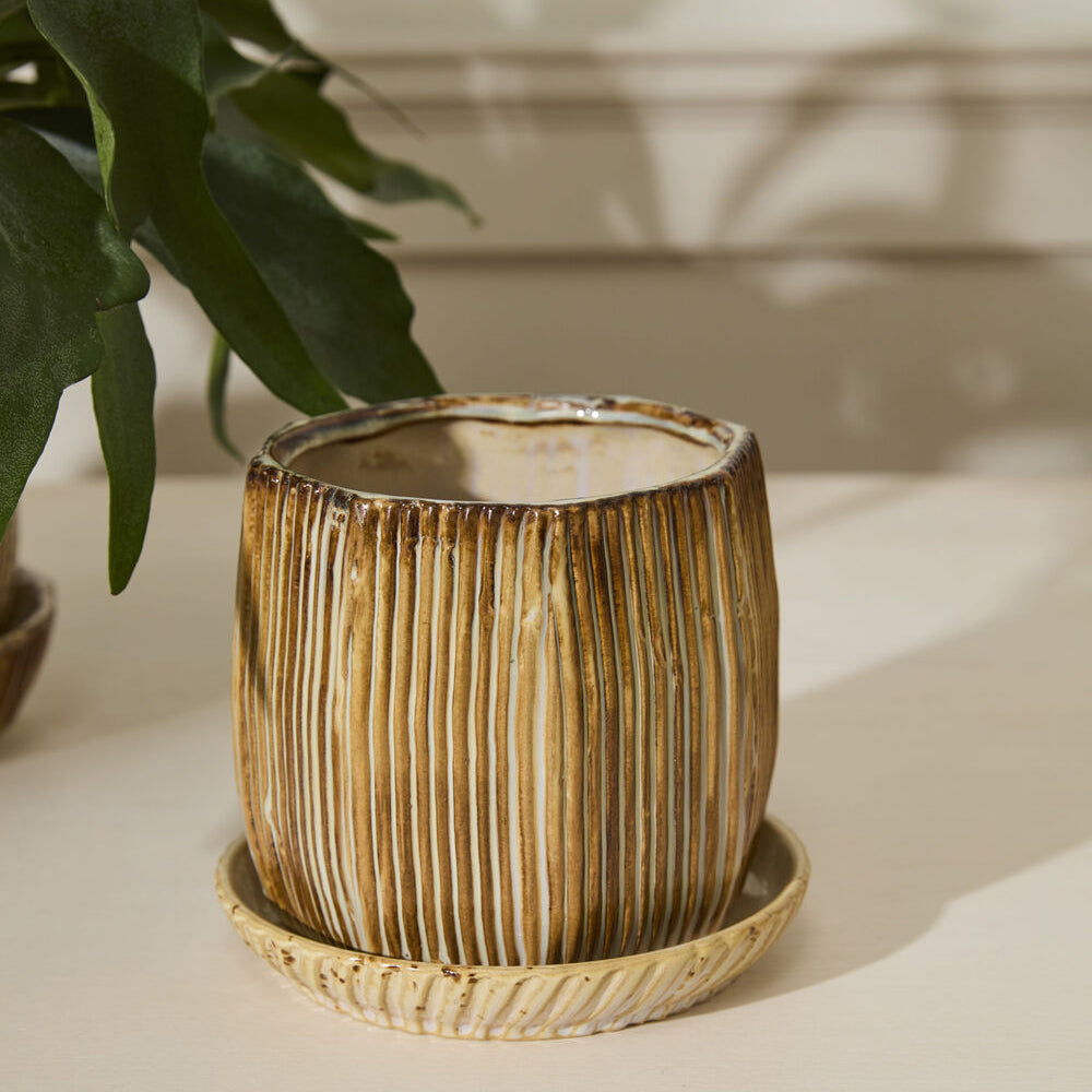 Carved Pot with Saucer