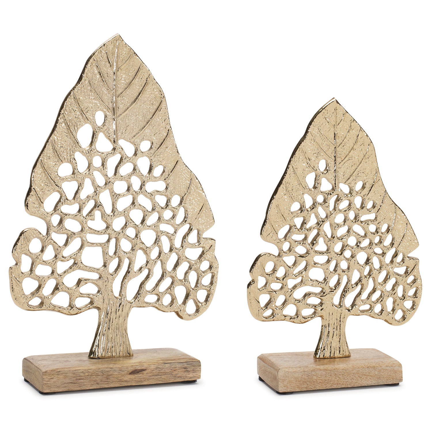 Modern Metal Leaf Tree on Wood Base Set of 2