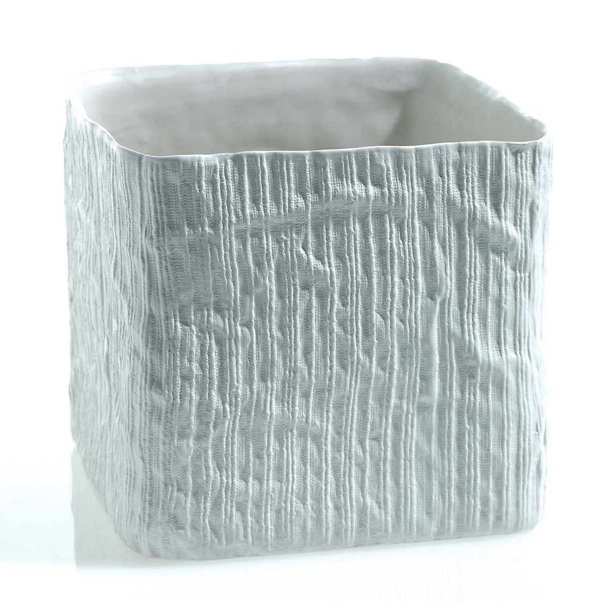 Linen Cube Pot alternate view, white ceramic cube planter