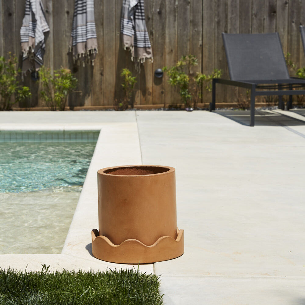 Neda Pot styled view, terracotta concrete planter