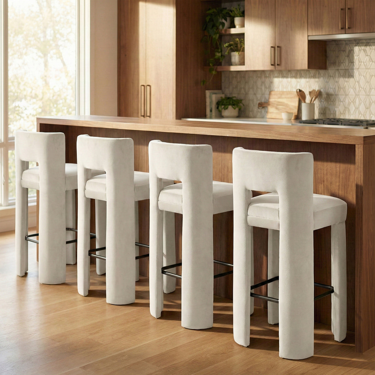 Zuno Cream Velvet Performance Fabric Upholstered Bar Stool Set of 2