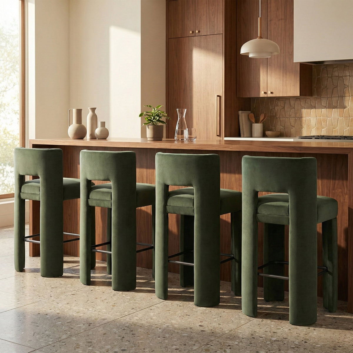 Zuno Green Velvet Performance Fabric Upholstered Bar Stool Set of 2