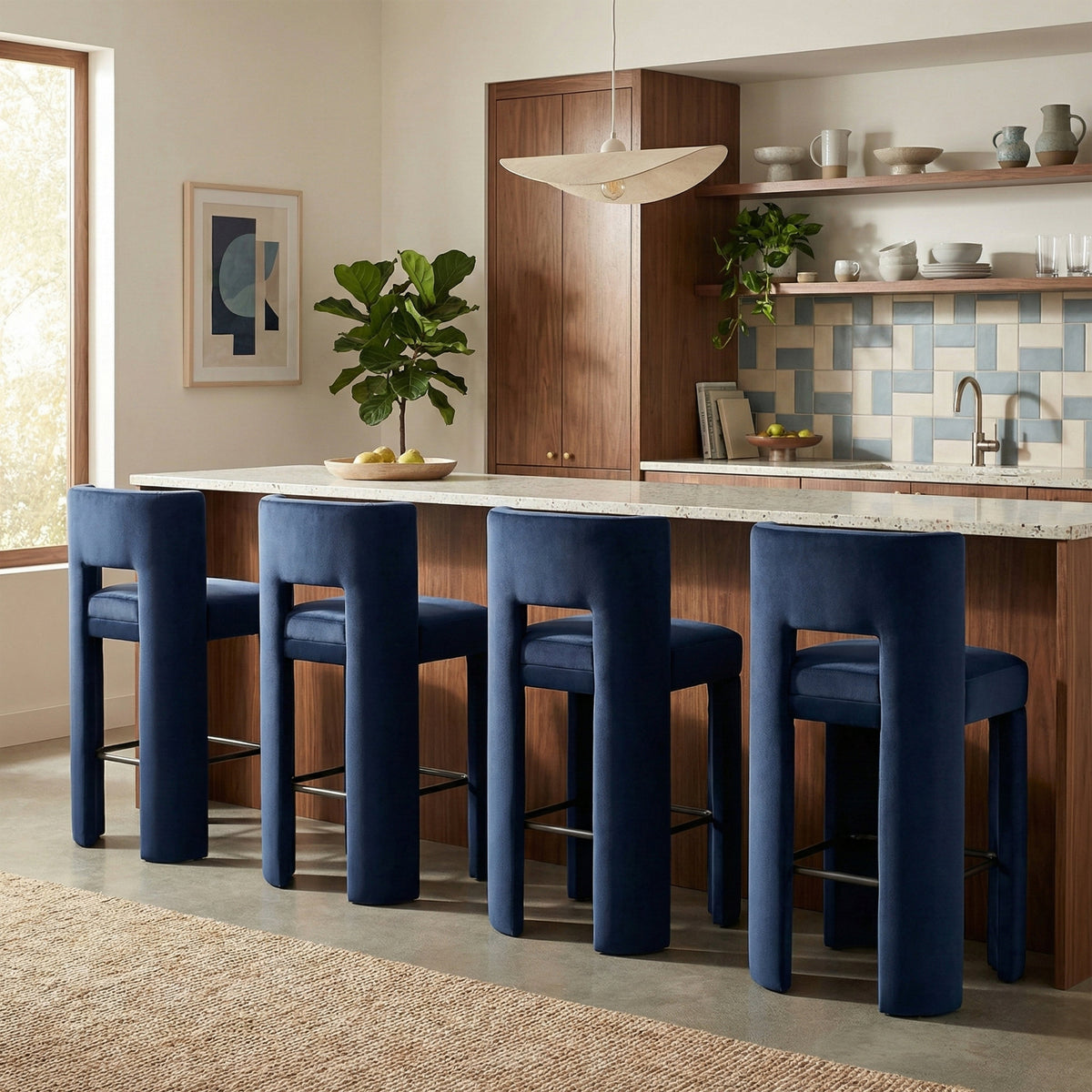 Zuno Navy Velvet Performance Fabric Upholstered Bar Stool Set of 2